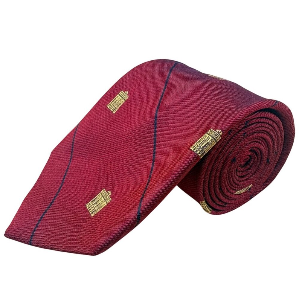 Wm Chelsea Ltd Mens Red Pure Silk Tie Gold Building Print Diagonal Stripe Design
